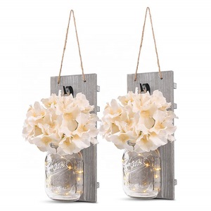 Mason Jar <b>Wall</b> Lamp <b>With</b> Led <b>Lights</b> And Flowers For Indoor Home Decor - Product Image 1