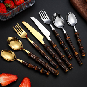 Juego de cubiertos de acero inoxidable de 24 piezas con mango de bambú, cubiertos dorados para mesa, vajilla para el hogar, hotel, juego de regalo. - Product Image 2