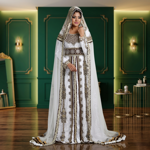 Abaya blanche ornée de perles en polyester, évasée, longue, à motif géométrique, robe de mariée pour femmes, style Moyen-Orient - Product Image 2