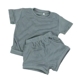 Custom Kinderkleding Badstof Set Vlakte Tee Shirts Bloeiers Meisjes Jongens Jogger Sets Trainingspak