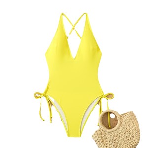 Maillot de bain une pièce pour femme, couleur unie, à nouer dans le dos, jaune, SMLXL, polyester, maillot de bain de compétition - Product Image 5