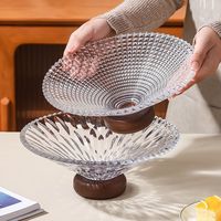 Plateau à fruits en verre transparent avec base en bois massif, coupe diamantée, bol à fruits surélevé, plateau de service décoratif pour la maison, table basse
