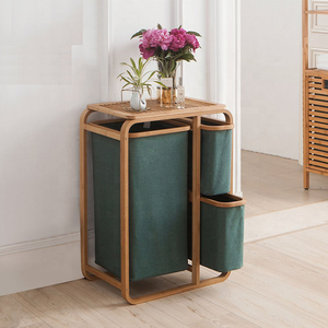 Panier à linge <span class=keywords><strong>double</strong></span> niveau carré en bambou bleu marine avec 3 compartiments en tissu et étagères de rangement - Product Image 6
