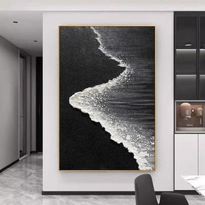 Hand Painted Oil <b>Painting</b> Waves Chasing Black White Textured Abstract Art Rectangle Metal <b>Frame</b> Entryway Living Room Wall Decor - Product Image 4