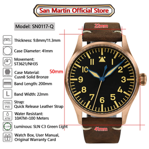 سان مارتن SN0117Q Cusn8 ساعة طيار برونزية NH35 التلقائي ST3621 الرجال الميكانيكية اليدوية ساعة بسيطة الياقوت 10ATM - Product Image 6