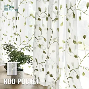 2 Pcs/Set Leaves Sheer Tier Curtain <span class=keywords><strong>Taupe</strong></span> Leaf Embroidery Curtain Voile Linen Leaves Curtain for Bathroom Kitchen Home - Product Image 2