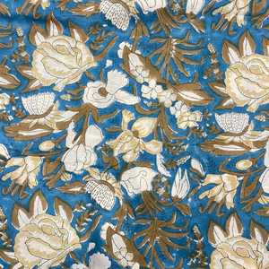 Blue Floral Block <b>Print</b> Cotton Voile Fabric 44 Inch HandDyed Indian <b>Botanical</b> Cotton Textile Soft Lightweight Dress Material - Product Image 2