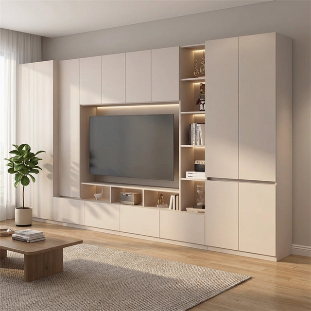 Full Wall Integrated TV Cabinet LED Lit Open Shelves Eco-Friendly Farmhouse Hotel Style Modern Wood Living Room Storage TVs