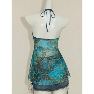 Women's Chiffon Halter <b>Top</b> Empire Waist Asymmetrical <b>Flowy</b> Backless Party Club Outfit Breathable - Product Image 2