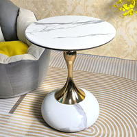 Table d'appoint ronde moderne en marbre, plateau en pierre blanche, pied en métal doré en forme de tulipe, base ronde en marbre, table d'appoint minimaliste pour salon