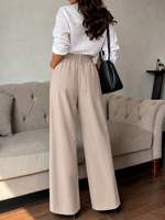 Pantalon plissé décontracté taille haute ample à jambe large uni pour femme, idéal pour le bureau au printemps