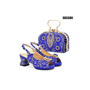 Wholesale price royal blue Hign Heel italian shoes and bags to match women purses for Wedding/party black shoes for lady