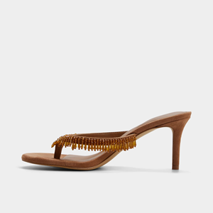 Women's Brown Suede Beaded Fringe Thong <strong>Mules</strong> Square Toe <strong>Kitten</strong> <strong>Heel</strong> Slide Sandals - Product Image 1