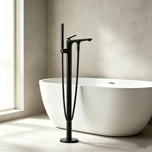 Grifo de Bañera Minimalista Negro Mate de Montaje en Suelo, Monomando con Válvula Cerámica, Rociador en Cascada, Accesorio de Baño de Latón - Product Image 4