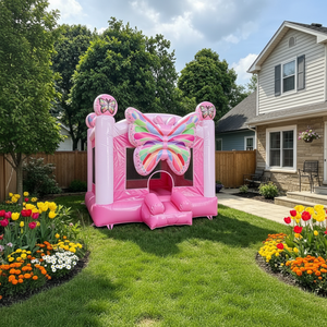 Château gonflable rose en forme de papillon pour enfants, avec murs en filet sécurisés, idéal pour les fêtes en plein air dans le jardin. - Product Image 2