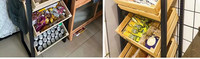 4-laags houten krat displayrek met zwenkwielen, geperforeerde bakken, metalen frame, mobiel voor fruit, groenten, supermarkt, winkel