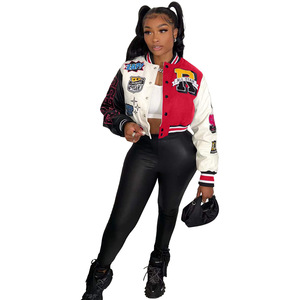 <span class=keywords><strong>Giacca</strong></span> da Baseball in poliestere Chic da donna con motivo a maniche lunghe con lettere cappotto nero bianco vestito per 2024 autunnale tecnica stampata Chic - Product Image 4