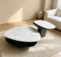 Ensemble de tables basses gigognes irrégulières en marbre naturel minimaliste italien, 2 pièces, base cylindrique en métal, table centrale de luxe pour salon