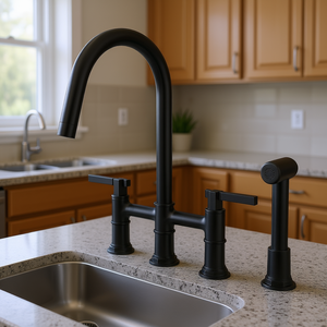 Grifo de Cocina Moderno Negro de Montaje en Encimera, Doble Manija, 4 Orificios, Caño Giratorio 360°, Rociador Lateral, Estilo Puente para Fregadero - Product Image 2