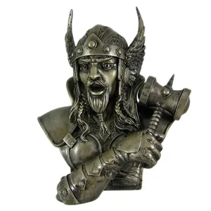 Highly Detailed Antique Bronze Resin Norse God Thor Bust Statue Thunder Hammer Sculpture