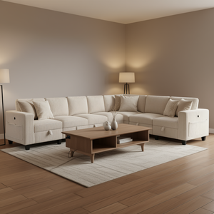 Modern Beige Corduroy Fabric L Shape Sectional Couch With Side Pockets Storage Living Room <b>Sofa</b> Set - Product Image 2