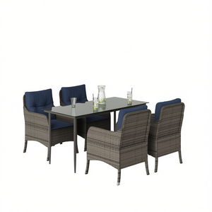 Set da Pranzo da Giardino in Rattan PE Grigio, Acciaio Verniciato a Polvere, Vetro Temperato, 4 Posti, Arredamento da Esterno Stile Contemporaneo - Product Image 1
