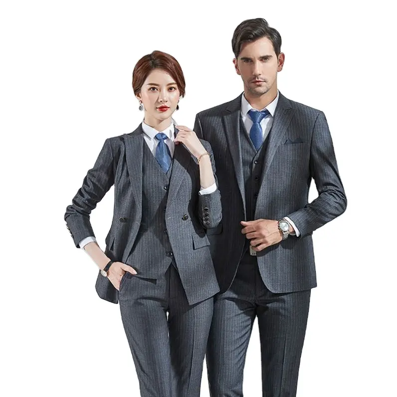 Custom Men Blue And Gray Stripe Business Slim Fit Mens Suits Vertical Stripe Suit Formal Business Skirt Blazer For Woman