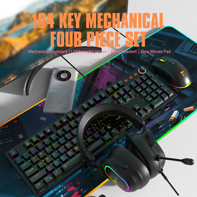 R8 Beset Wired USB Interface ABS Material Gaming 104-Key RGB Mechanical 4-in- Keyboard Mouse Pad Headset Mouse Combo