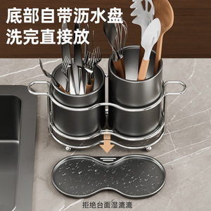 Organisateur d'ustensiles de cuisine avec support rond multifonctionnel pour le rangement des cuillères, fourchettes et couteaux, avec égouttoir - Product Image 3