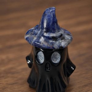 Obsidian Ghost Crystal Carving with Blue Aventurine <b>Witch</b> Hat, Hand‑Carved Natural Stone Spooky Ghost Figurine, Halloween Crysta - Product Image 2