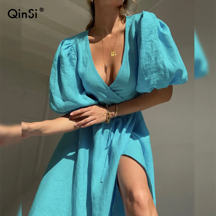 QINSI ब्लैक हाई वेस्ट सेक्सी मिडी ड्रेस 2024 ठाठ महिला सुरुचिपूर्ण शॉर्ट पफ स्लीव ए-लिन ड्रेस वी नेक समर लॉन्ग रैप ड्रेस