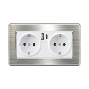 Prise murale tactile en acier inoxydable pour usage domestique allemand, plaque brossée simple face, norme UE, 250V 16A, 2 prises, IP20 - Product Image 6