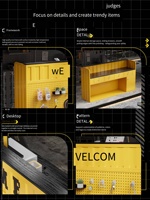 Comptoir de réception de style conteneur industriel, comptoir de caisse en métal jaune personnalisé, comptoir d'affichage à panneaux perforés pour bar et restaurant