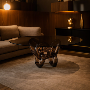 طاولة قهوة أكريليك تقليدية مخصصة من جينغ يوي بقاعدة سلسلة فريدة وسطح زجاجي أسود مقوى لديكور غرفة المعيشة والمكتب الأنيق - Product Image 3