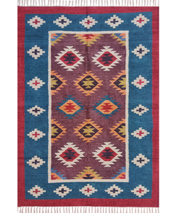 ชุดพรมปักพื้นที่ผ้าขน100% สีน้ำเงิน-แดงผ้าคอตตอนผ้าไหมทอมือคุณภาพดีดีไซน์วินเทจ - Product Image 1