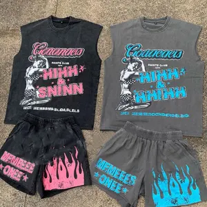 Conjunto de shorts de verão com logotipo personalizado, roupa de treino curta sem mangas para homens, com gola redonda e lavagem com ácido