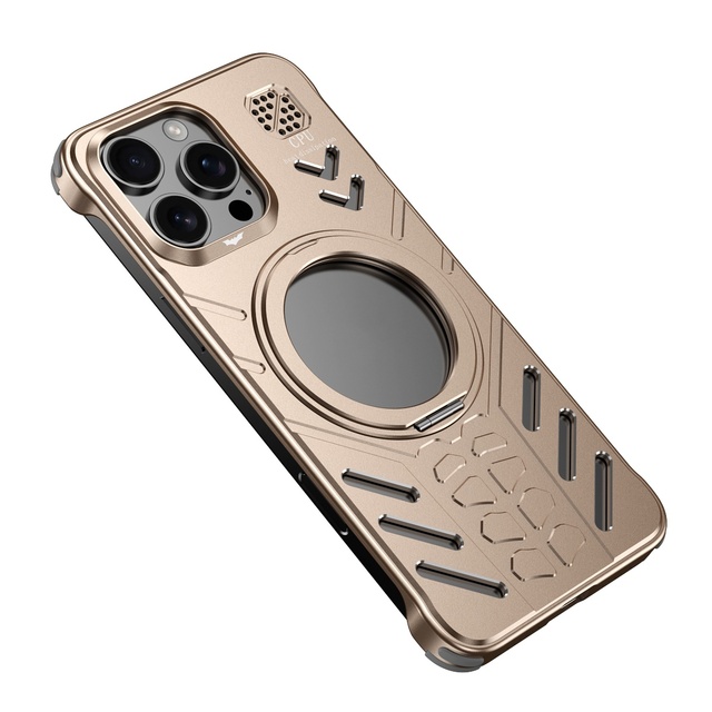 Aluminum Metal Hollow Magnetic Phone Case for iPhone 15 16 Pro Max Shockproof Armor Bumper With 360 Rotating Hidden Kickstand