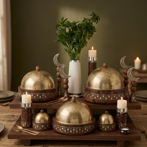 Islamic Arabic Calligraphy Durable Non-Stick Stainless Steel Casserole Covered <b>Serving</b> <b>Dish</b> Wood Bottom Eco-Friendly Gold Tone - Product Image 1