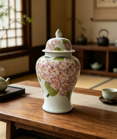 Pot à gingembre rose pâle, motif de feuilles vertes, pot de rangement en porcelaine avec couvercle