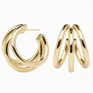 Hazır gemi paslanmaz çelik özel takı altın kaplama büyük daire yuvarlak çivili çember küpe üçlü Hoop küpe - Product Image 1