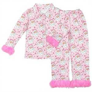 Christmas Pink <b>Santa</b> Print Matching Pajamas Sets Long Sleeve Button-Up Top Pants with Fur Trim for <b>Women</b> Kids Family <b>Outfits</b> - Product Image 3