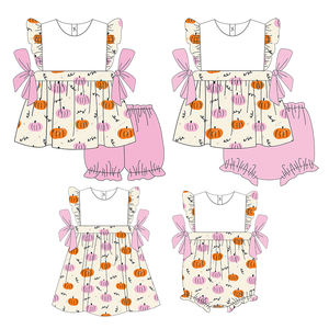 Ropa a juego personalizada para <span class=keywords><strong>Hermanas</strong></span>, conjunto de pantalones cortos de <span class=keywords><strong>dos</strong></span> piezas, conjunto de algodón con estampado de calabaza y lazo, traje para niñas pequeñas, venta al por mayor - Product Image 1