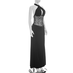 Viviblook Y26DS145 Women Dress New Lace Neck Cross Halter Neck Sexy Backless Pleated Lace Patchwork Maxi Evening Dresses - Product Image 2