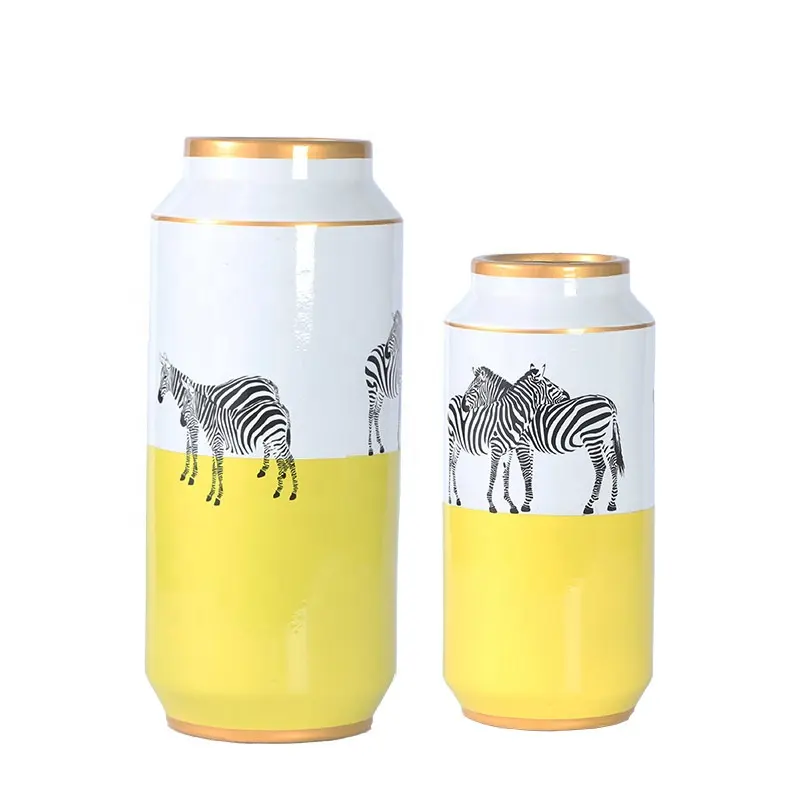 European Simple Style Zebra Painting Cylinder Yellow Ceramic Storage Vases Set Decoration without Round Lid For Office