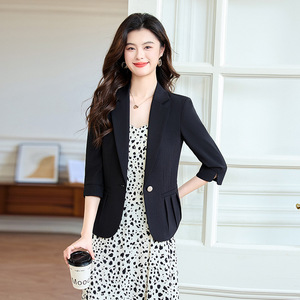 Women's Short Suit Jacket And Dress Two Piece Set Solid Color Polyester Anti Wrinkle Blazer For Office Wear - Product Image 1