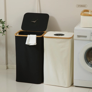 Manici di bambù lavanderia panni sporchi cesto organizzatore cesto biancheria con coperchio - Product Image 2