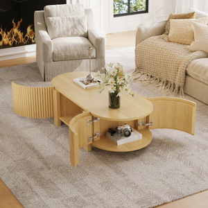 Modern Decorative Oval Fluted Coffee Table with Storage for Living Room <b>Solid</b> <b>Wood</b> 1 Shelf & 2 Open Storage Doors - Product Image 1