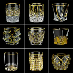 Calcomanía de diamante dorado de lujo, antiguo vaso de cristal de whisky, copa de roca gruesa para Bar, vino y whisky para beber