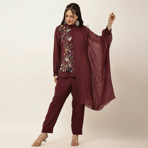 Elegante Vestido Casual de Mujer con Bordado, Cuello Mandarín, Estilo Boho Holgado, Manga Larga, Georgette - Product Image 1