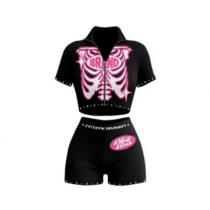 Conjunto de Dos Piezas para Mujer, Top Corto y Pantalones Cortos, Estampado de Esqueleto Negro y Rosa, Tejido Acanalado de Spandex y Poliéster, Manga Corta, Cuello Camisero - Product Image 2